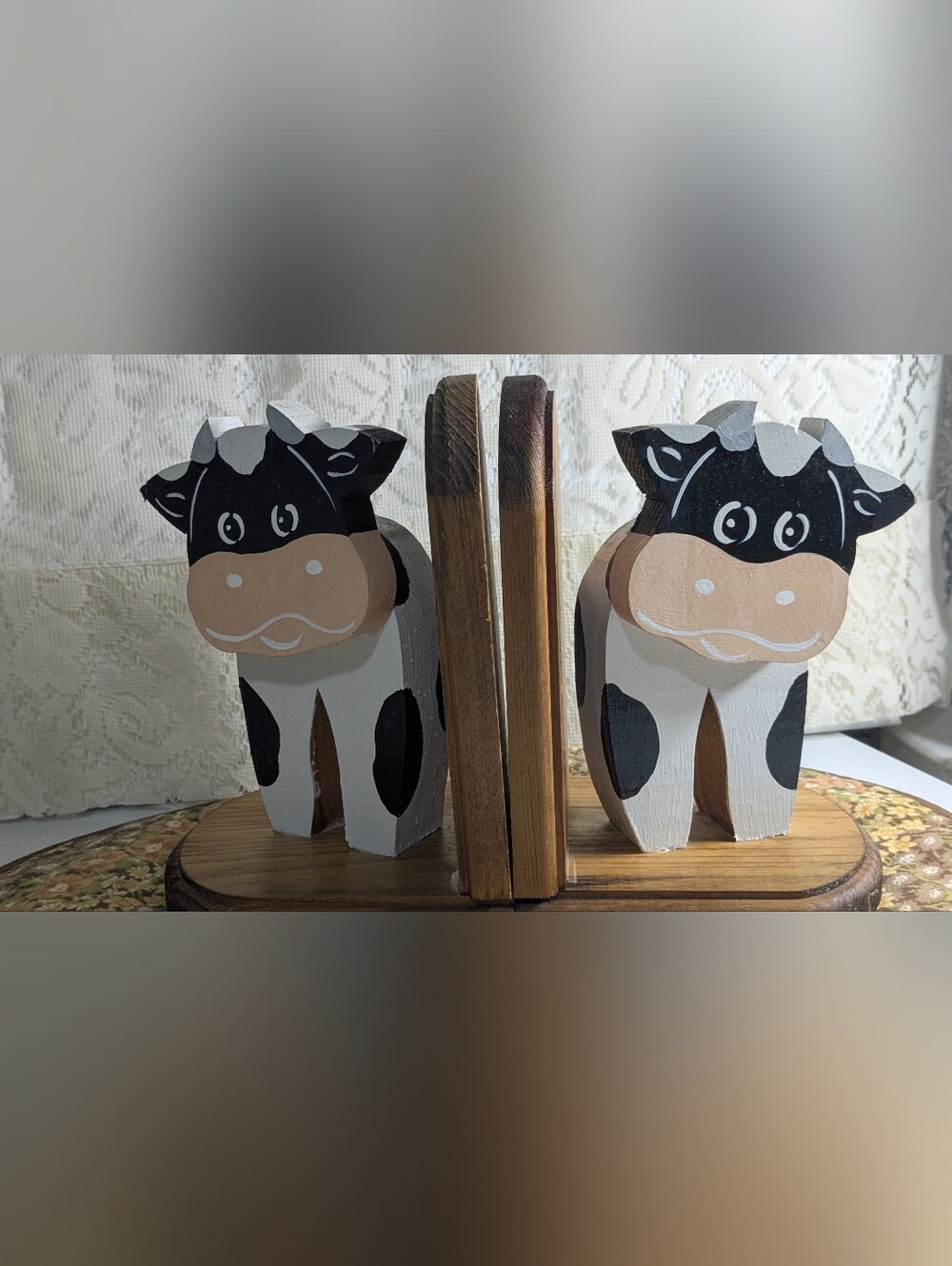 Cottagecore rustic Handcrafted Black & White Cow Bookends